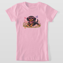 Söt dachshund på våren i blomsterfält t shirt