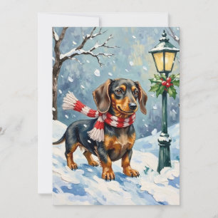 Söt Dachshund-valp Mysig vinterhalsduk Konst Julkort