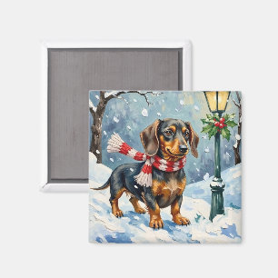 Söt Dachshund-valp Mysig Vinterhalsduk Konst Magnet