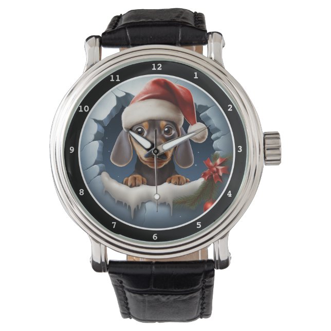 Söt Dachshund-valp Vinterscen Bild Armbandsur (Framsida)