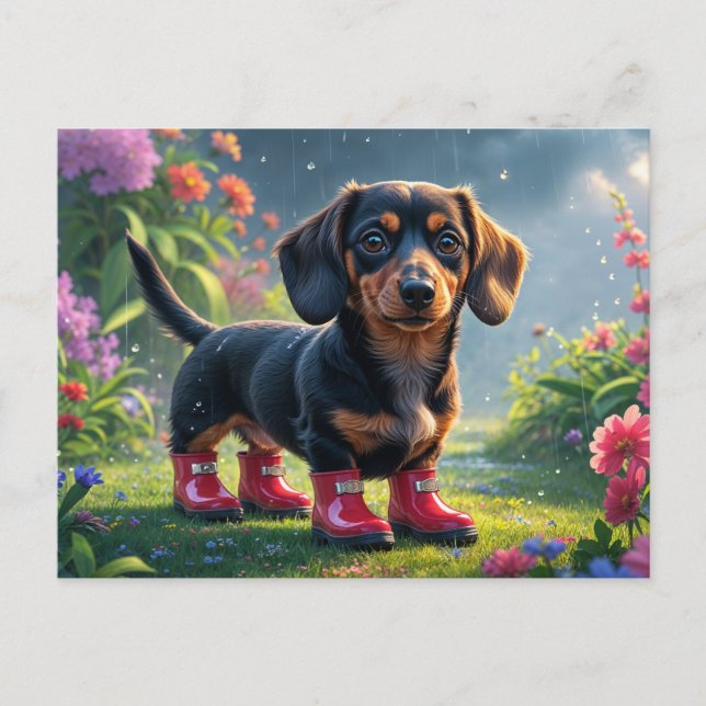 Söt dachshundvalp som bär regnstövlar vykort (Framsida)