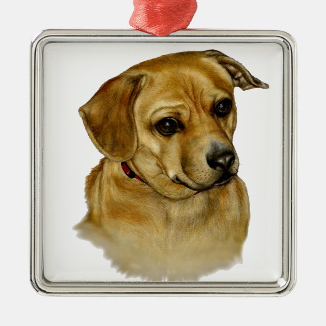 Söt Dachsy-Terrier-Blandningshund Julgransprydnad Metall (Framsidan)