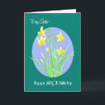 Söt Daffodils March Birthday for Sister Kort<br><div class="desc">Ett mycket söt marsdagskort för en syster,  med en klump av daffodils mot blå bakgrund med grönt gräns och vit text,  från en vattenfärgsmålning av Judy Adamson. Känn dig fri att även anpassa insidermeddelandet.</div>