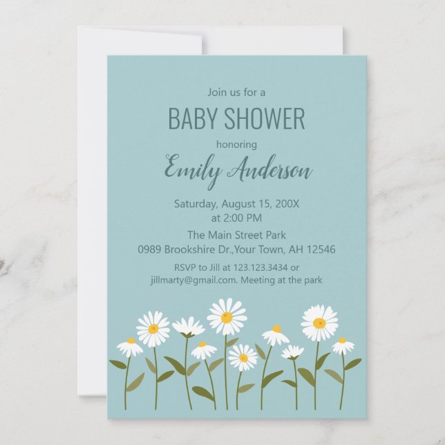 Söt Daisy Baby Shower-inbjudan i Blå Inbjudningar (Framsida)