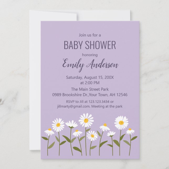 Söt Daisy Baby Shower Inbjudan i Lila (Framsida)