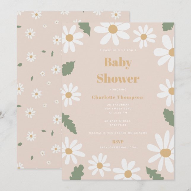Söt Daisy Blomma Baby Shower Flicka Rosa Inbjudningar (Fram/baksida)