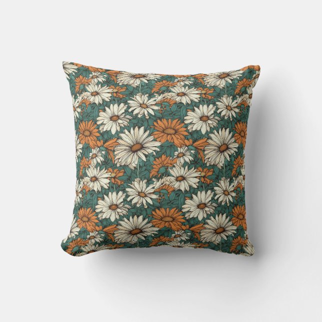 Söt daisy blommor, grönt, orange och grädde kudde (Framsida)