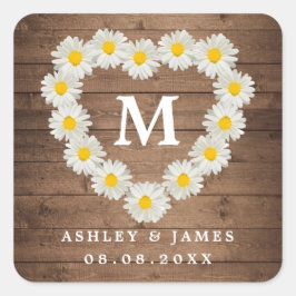 Söt Daisy Monogram Bröllop Rustic Wood Fyrkantigt Klistermärke