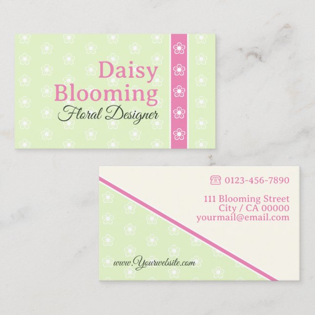Söt Daisy Mönster Pastell Lime Grön Rosa Florist Visitkort (Fram/baksida)