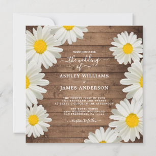 Söt Daisy Vit Blommigt Rustic Wood Bröllop Inbjudningar