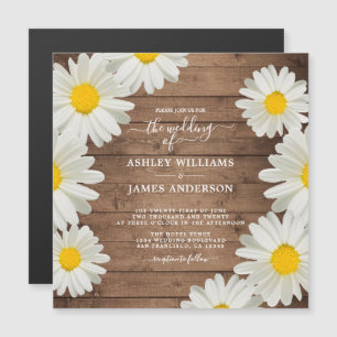 Söt Daisy Vit Blommigt Rustic Wood Bröllop Magnetisk Inbjudningskort