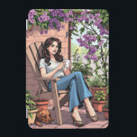 Söt Dam Drinking Coffee uppslappa utanför iPad Mini Skydd<br><div class="desc">Ett exempel på söt är en kvinna sitta utanför sin patientavslappning,  med en kopp varm kaffe och hund som sover på fötterna. Hon är omgiven av vackra krukväxter och hängplantor.</div>