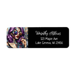 Söt Dam med Lila Hair i färglös Abstrakt Returadress Etikett
