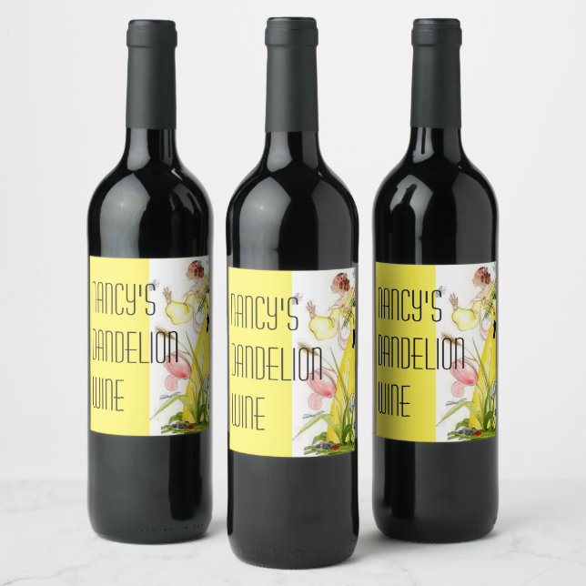 Söt Dam trädgårdsblommor butterfly Dandelion Vinflaska Etikett (Flaskor)