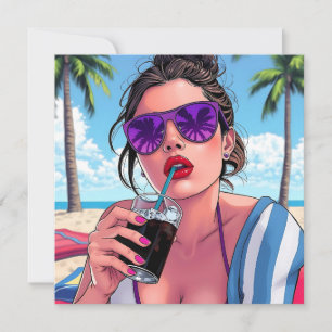 Söt Dam vid Beach Pop Art Blank Kort
