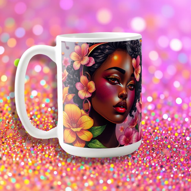 Söt Dam vid Färg Rosa Flowers Musik noter Kaffemugg (Skapare uppladdad)