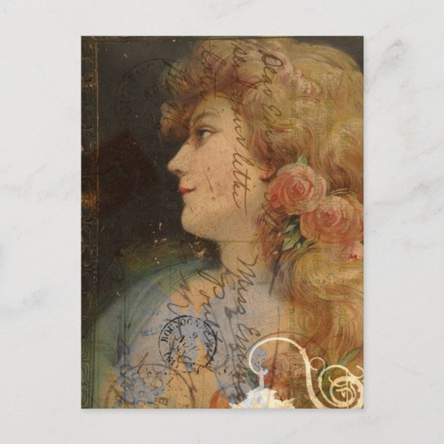 Söt Dam Vintage Digital Collage Vykort (Framsida)