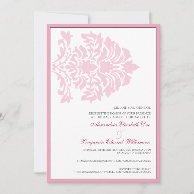 Söt Damask 5x7 Rosa/Vit Bröllopsinbjudan Inbjudningar (Framsida)