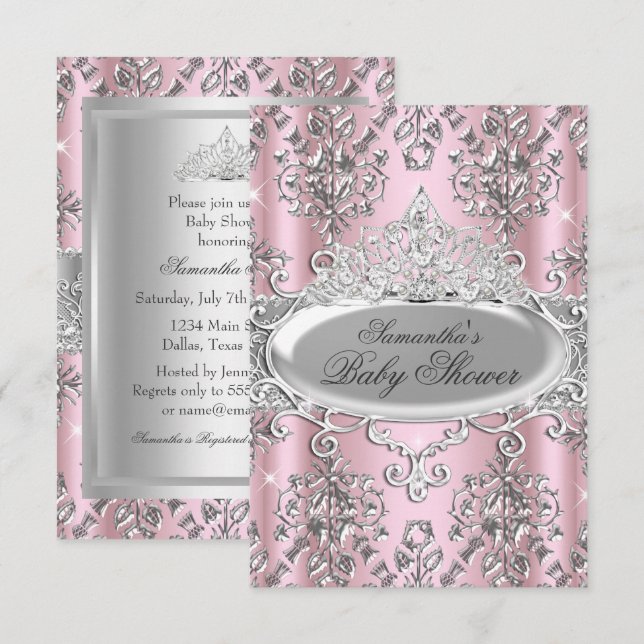 Söt Damask Tiara Princess Baby Shower Inbjudan (Fram/baksida)