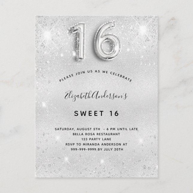 Söt dammglam från 16 silver-metall glitter inbjudan vykort (Framsida)