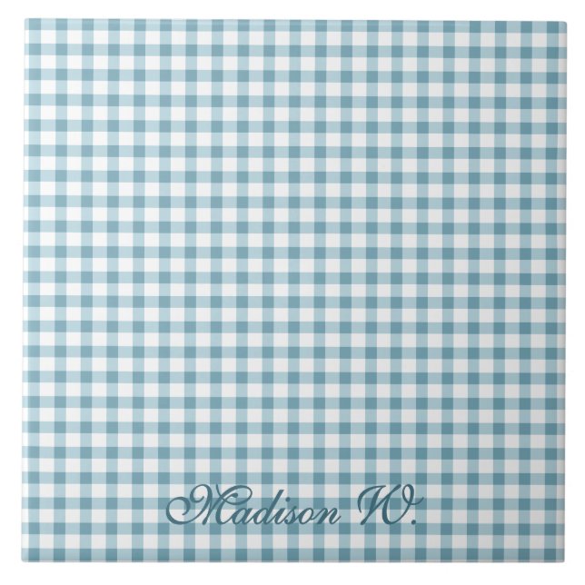 Söt dammig blå gingham-mönster kakelplatta (Framsidan)