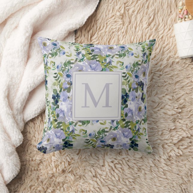 Söt dammig blå marinblå blommig vit monogram kudde (Filt)