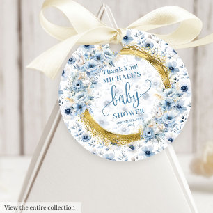Söt dammig blåa blommor och babydusch för guld gåvor etiketter
