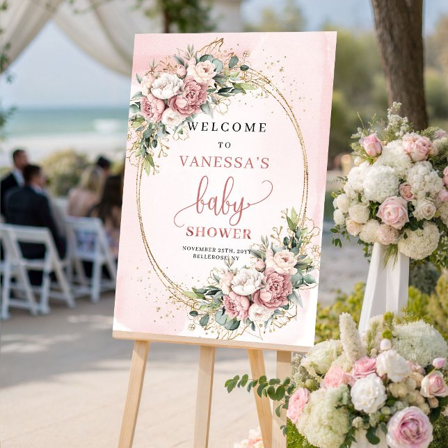 Söt dammig rosa blommig bebisfest välkomstskylt poster (Cute Dusty Pink Floral Baby Shower Welcome Sign)