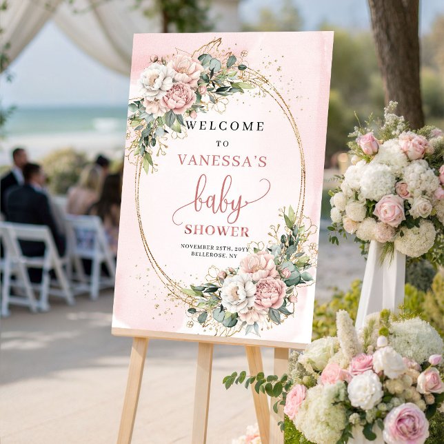 Söt dammig rosa blomster eukalyptus baby shower  poster (Sweet Dusty Pink Floral Eucalyptus Baby Shower Welcome)