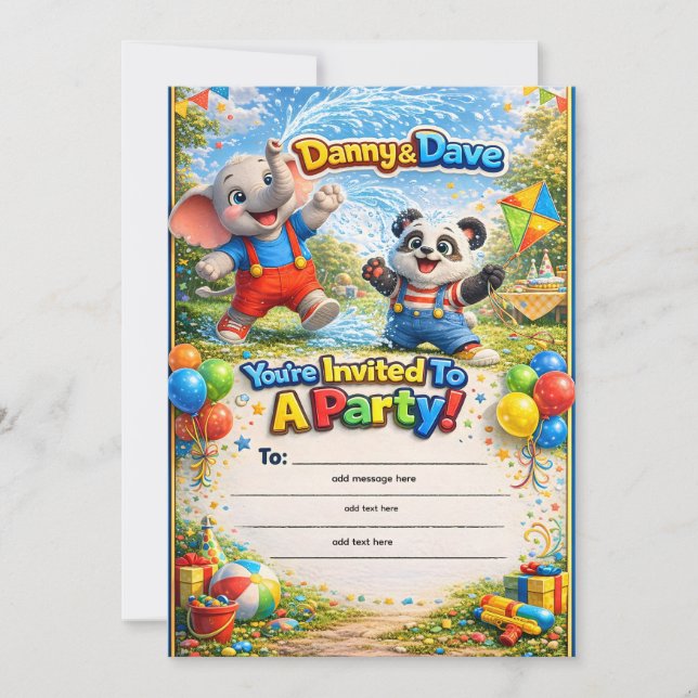 Söt Danny och Dave elefant och panda barn födelsed Inbjudningar (Framsida)