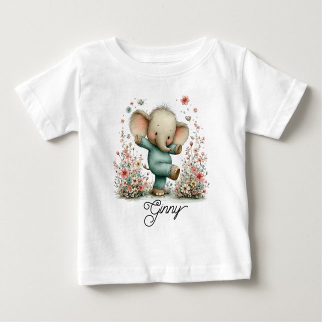 Söt dansande elefant i vildblommor t shirt (Framsida)