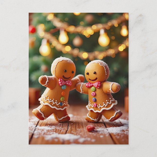 Söt dansande pepparkakssällskap julfirande vykort (Framsida)