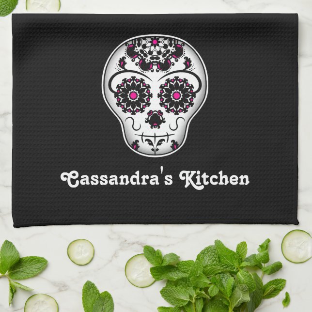 Söt day of the dead sockerskalle kökshandduk (Vikta)
