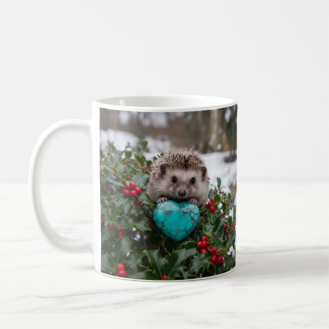 Söt december igelkott med turkos hjärta kaffemugg (Vänster)