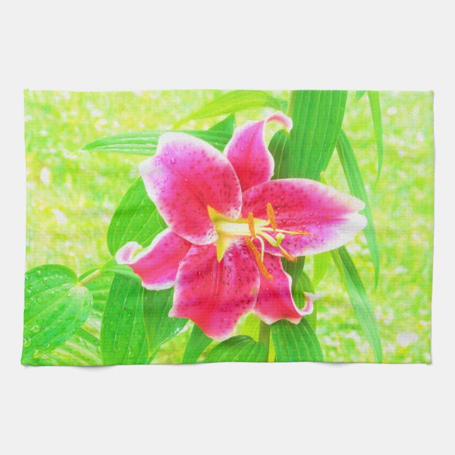 Söt Deep Rosa Stargazer Lily on Lime Green Kökshandduk (Horisontell)