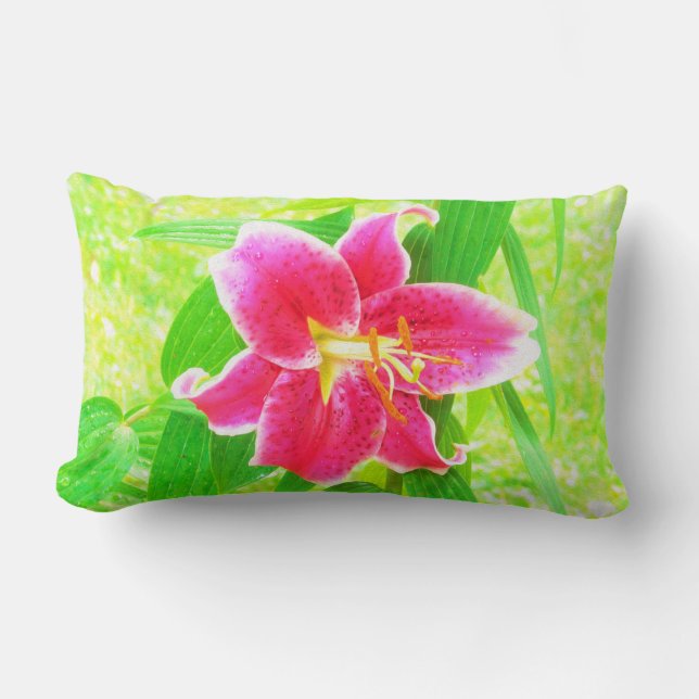 Söt Deep Rosa Stargazer Lily on Lime Green Lumbarkudde (Framsida)