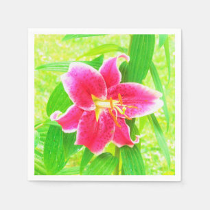 Söt Deep Rosa Stargazer Lily on Lime Green Pappersservett