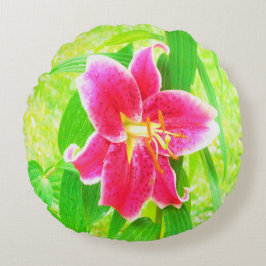 Söt Deep Rosa Stargazer Lily on Lime Green Rund Kudde