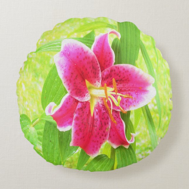 Söt Deep Rosa Stargazer Lily on Lime Green Rund Kudde (Framsidan)