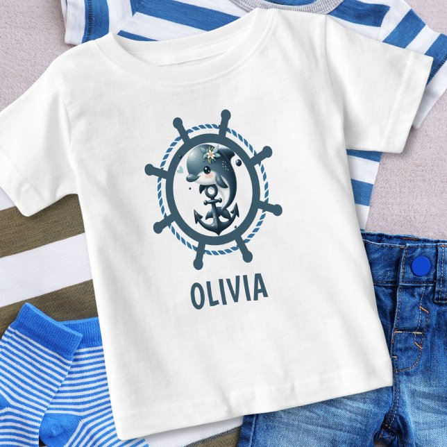 Söt delfin & ankare inuti skeppsratten nautisk t shirt (Skapare uppladdad)