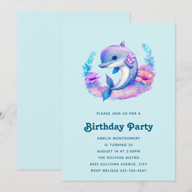 Söt delfin havsdjur födelsedag inbjudningar (Fram/baksida)