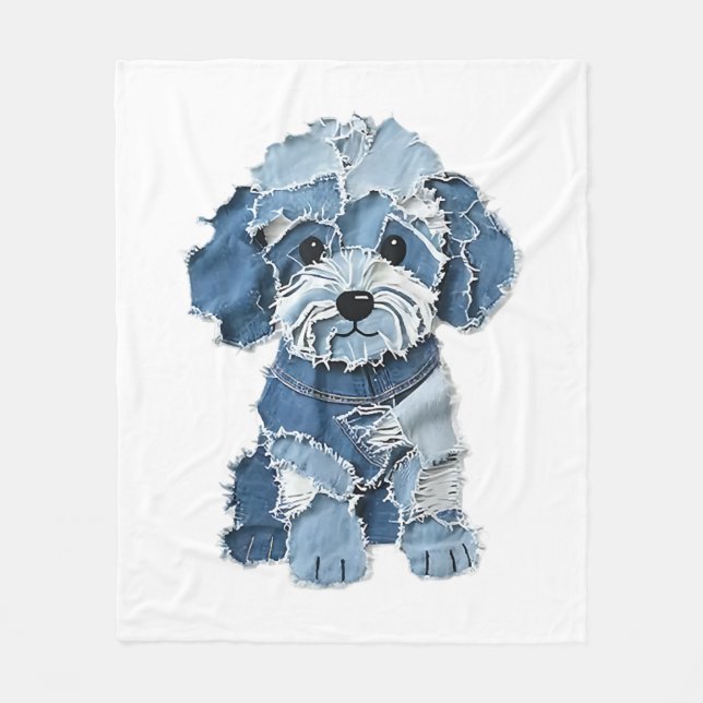 Söt Denim-lappad Hundillustration Fleecefilt (Framsidan)