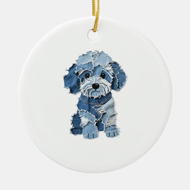 Söt Denim-lappad Hundillustration Julgransprydnad Keramik (Framsidan)