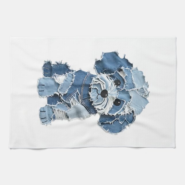 Söt Denim-lappad Hundillustration Kökshandduk (Horisontell)