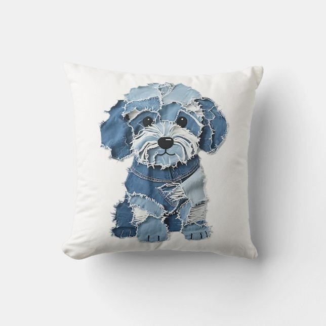 Söt Denim-lappad Hundillustration Kudde (Framsida)