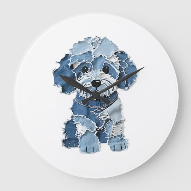Söt Denim-lappad Hundillustration Stor Klocka (Framsida)