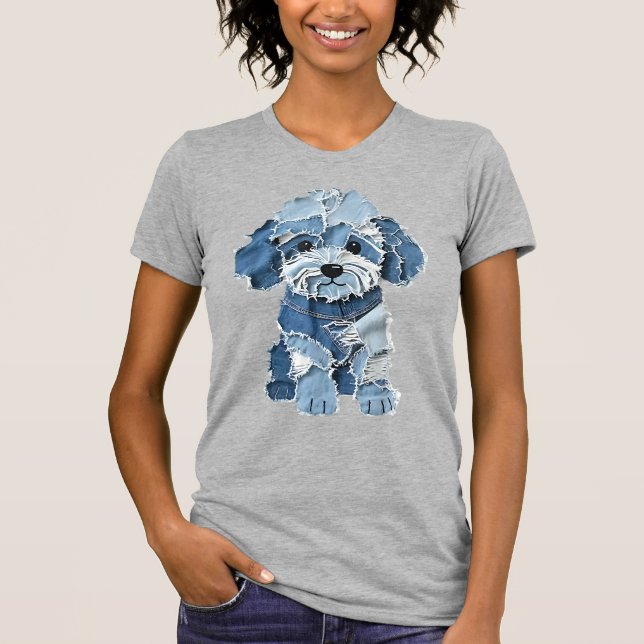 Söt Denim-lappad hundillustration T Shirt (Framsida)