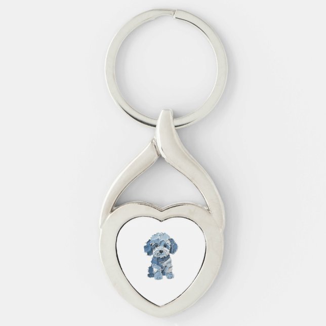 Söt Denim-lappad Hundillustration Twisted Heart Silverfärgad Nyckelring (Framsidan)