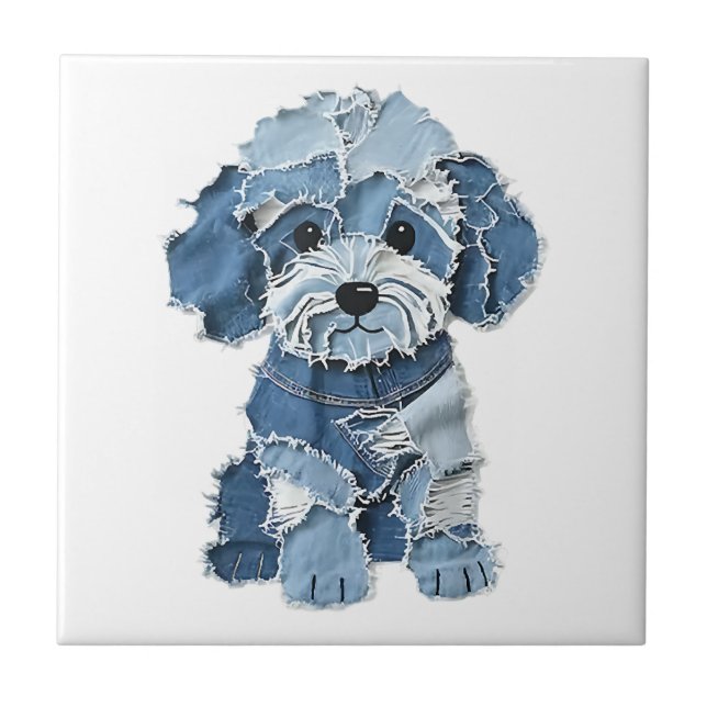Söt Denim-lappad illustration av hund Kakelplatta (Framsidan)