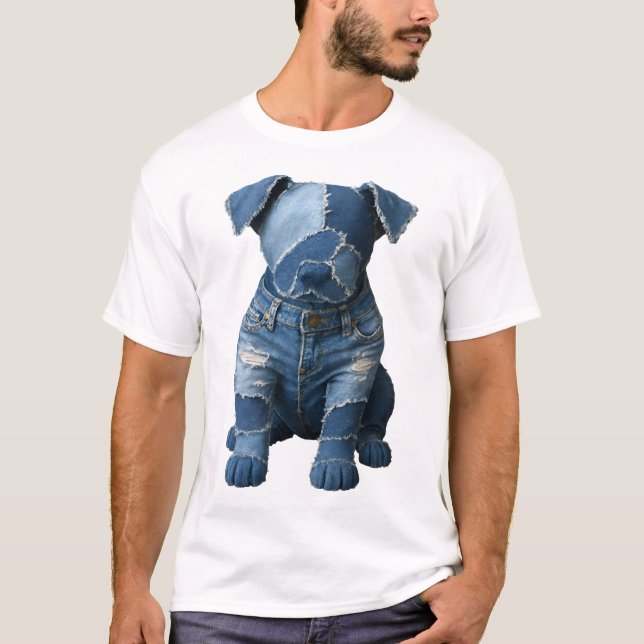 Söt Denim-lappad Konst Hund T-Shirt (Framsida)